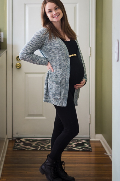 This was practically my pregnancy uniform. Lots of black, maternity tank, maternity leggings, open cardigans, and booties.