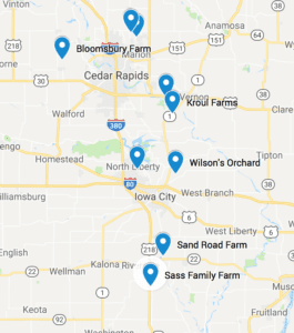 Map: Guide to Pumpking Patches and Apple Orchards in the Iowa City area. 