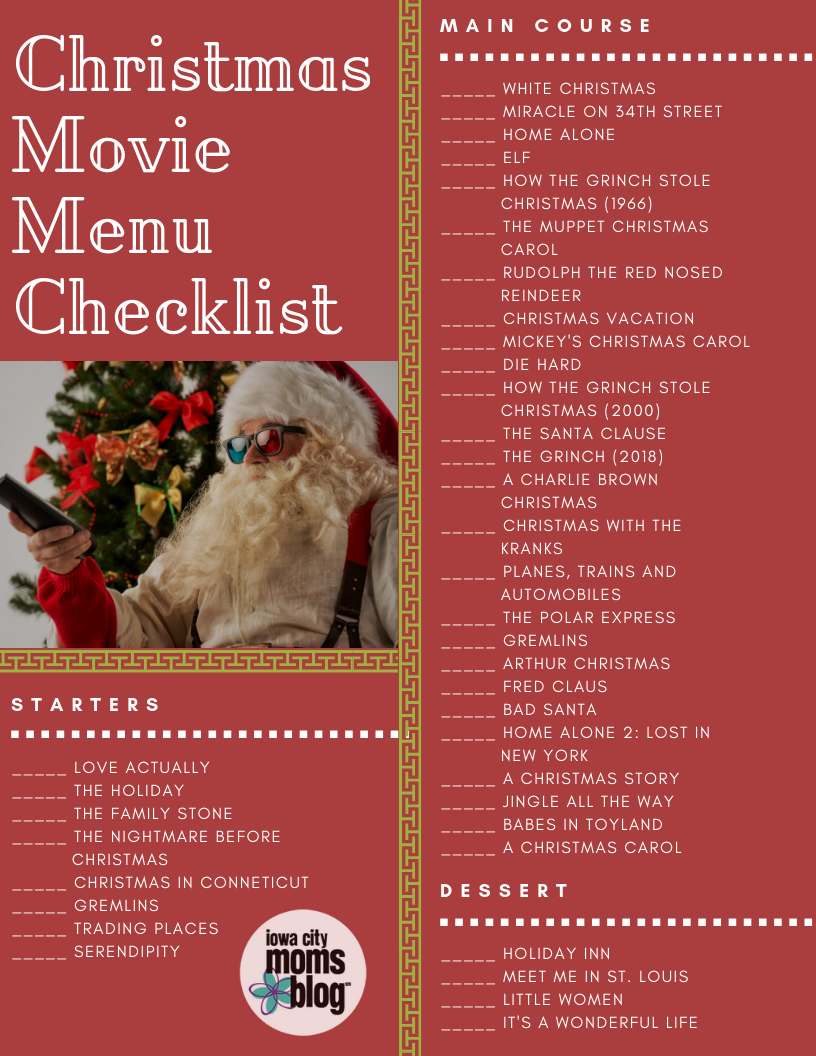 Christmas movie menu checklist