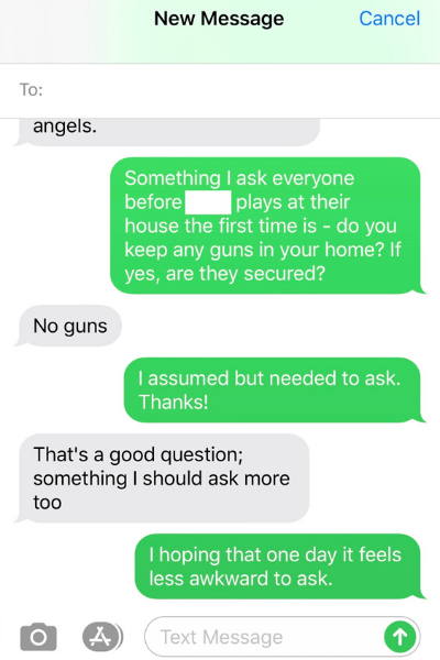 A text thread asking about guns before playdates