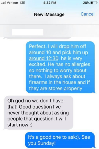 A text thread asking about guns before playdates