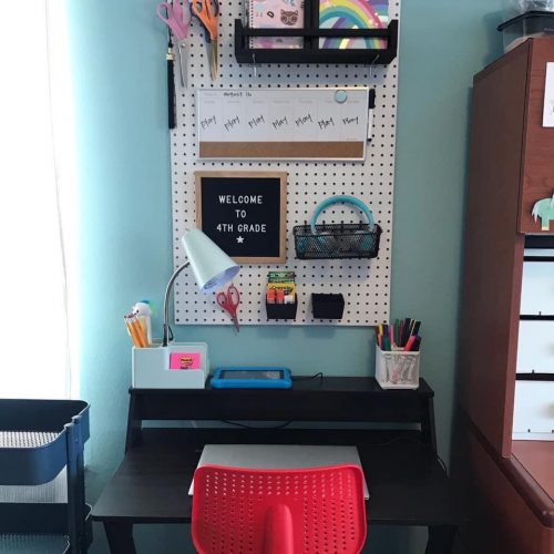 An image of a virtual school setup in a sewing room.