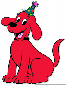 Drawing of Clifford, a large red dog, in a party hat