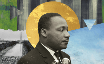 A graphic of Martin Luther King Jr. to promote MLK events in the Iowa City area