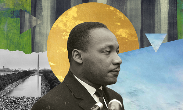 A graphic of Martin Luther King Jr. to promote MLK events in the Iowa City area