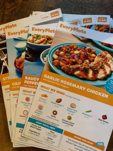 A pile of recipe cards from EveryPlate