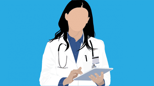 cartoon image of a female-presenting doctor with no face